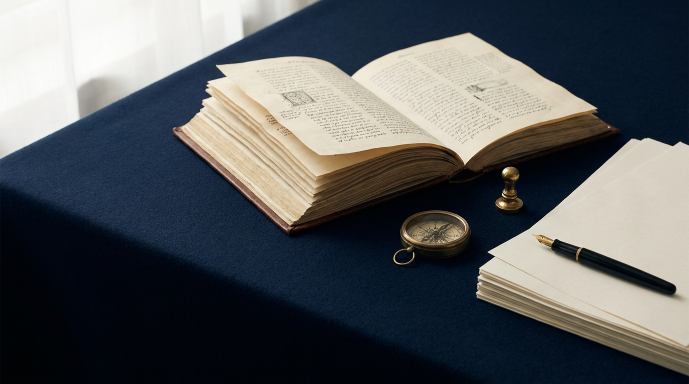 An open almanac, brass compass and documents — The Landlord Almanac